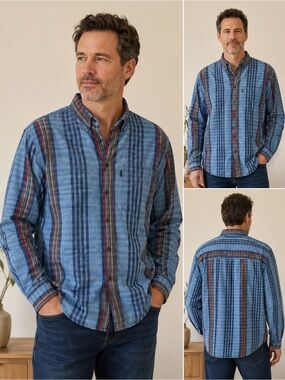 Alexander Julian Blue Plaid Button-Down Shirt‎ with Red and Yellow Stripes